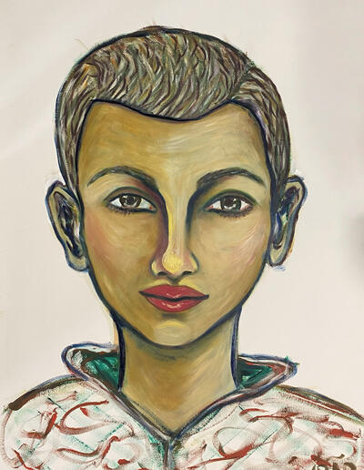 Porträt eines Jungen mit kurzen Haaren, intensiven Augen und roten Lippen, gemalt in Öl auf Papier im Format DIN A1. Das Werk mit dem Titel “O MENINO MARAVILHA” stammt aus dem Jahr 2025 und zeigt eine ausdrucksstarke, moderne Darstellung mit kräftigen Farben und stilisierten Formen. Der Junge trägt eine gemusterte Jacke, der Hintergrund ist neutral gehalten.