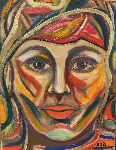 Ölgemälde ‚HOMEM DA FLORESTA‘ von Arão Pinto, Porträt eines Mannes in intensiven, naturinspirierten Farben mit ausdrucksstarkem Blick auf Leinwand.