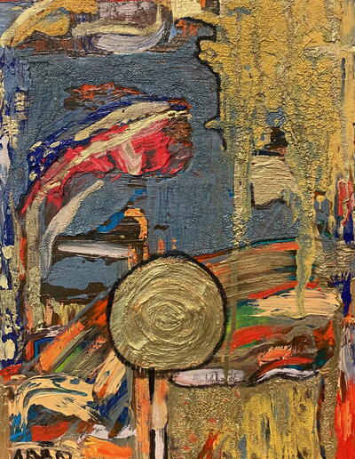 „SOL DO MEIO DIA“ (2025) von Arão Pinto: Abstraktes Ölgemälde auf Leinwand (40x30 cm) mit goldener Sonnenscheibe, dynamischen Pinselstrichen in Blau, Rot, Ocker und strukturierter Oberfläche.