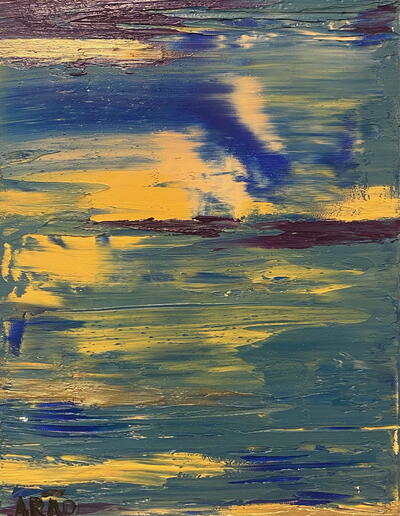 Abstraktes Ölgemälde von Arão Pinto mit Spachteltechnik auf Leinwand. Sanfte Blautöne, Violett und Gelb im Werk „SILÊNCIO EM MOVIMENTO“, Format 40 × 30 cm.