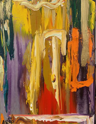 Abstraktes Ölgemälde „ECO DA COR“ von Arão Pinto mit kräftigen Gelb-, Orange- und Violetttönen, aufgetragen in dynamischer Spachteltechnik auf Leinwand.