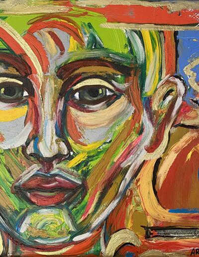 Abstraktes Porträtgemälde mit Ölfarbe auf Leinwand im Format 80x80x4 cm. Titel Cores da Alma (Farben der Seele). Das Werk zeigt ein expressives Gesicht in kräftigen Farben wie Grün, Rot, Gelb und Blau, das emotionale Tiefe und innere Bewegtheit ausdrückt.