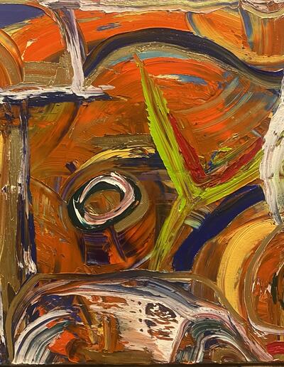 Abstraktes Ölgemälde in kräftigem Orange, Braun und Grün mit dem Titel CHAMA INTERIOR. Dynamische, organische Formen und intensive Farben symbolisieren emotionale Hitze und inneres Feuer. 80x80 cm, Öl auf Leinwand.