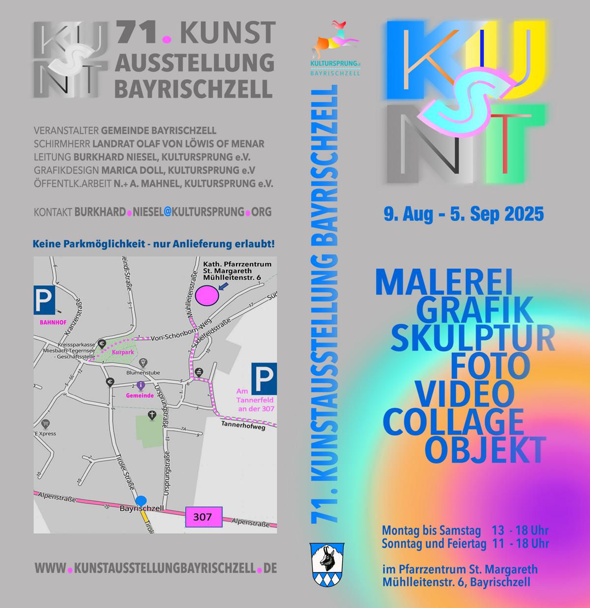 Bunte Einladungsgrafik zur 70. Kunstausstellung Bayrischzell im Jahr 2024 mit großem „70“ in farbenfroher, abstrakter Gestaltung. Der Schriftzug „EINLADUNG“ steht vertikal auf der rechten Seite. Kunstvolle, geometrische Muster in Blau, Gelb, Rot und Grün prägen das Design.