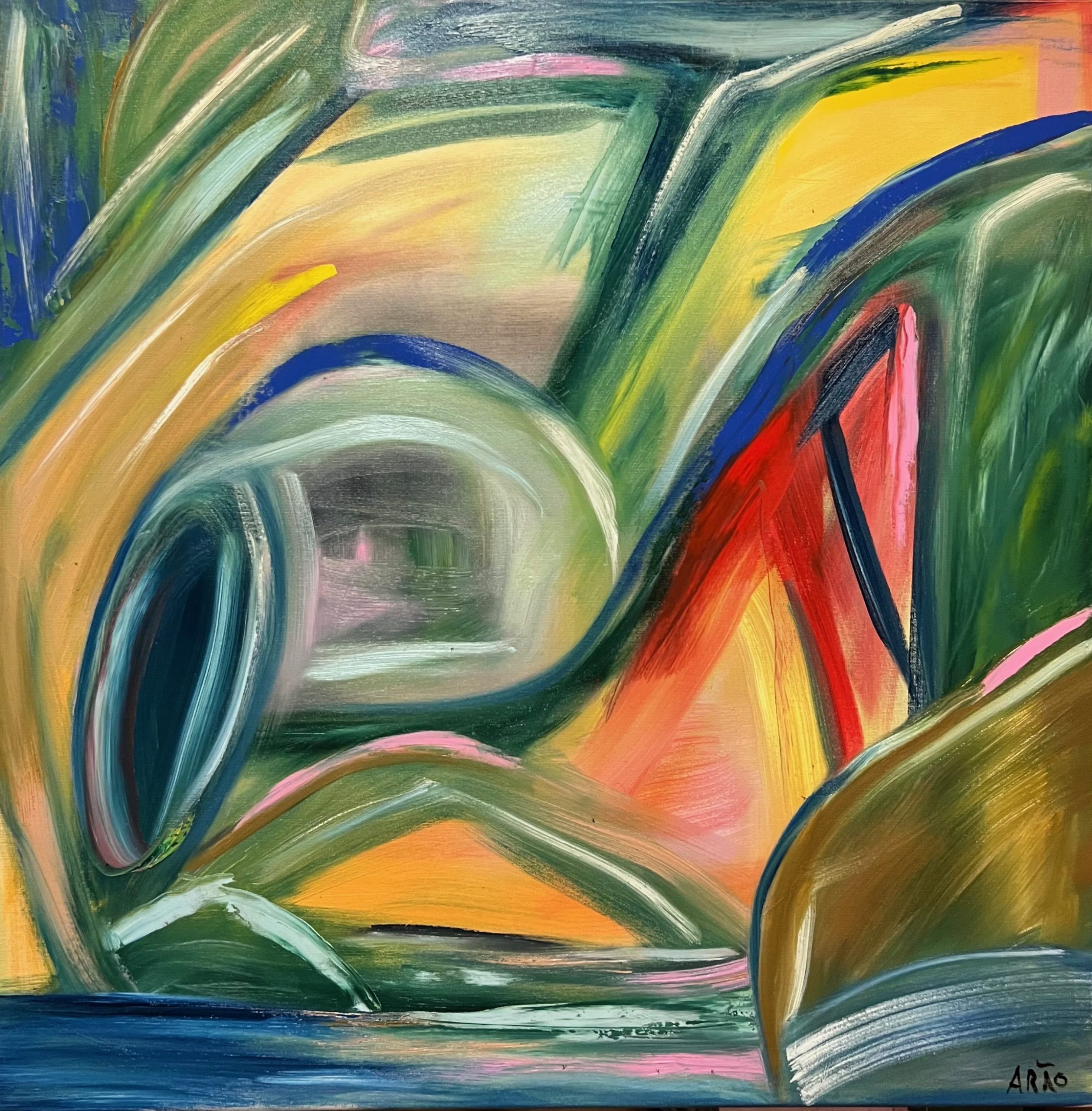 Forma em Fluxo von Arão Pinto – abstraktes Gemälde in Öl auf Leinwand (80 × 80 × 4 cm) mit fließenden, organischen Formen in Grün, Gelb, Blau, Rot und Rosa. Weiche Übergänge und geschwungene Linien erzeugen eine dynamische, ineinander übergehende Komposition.